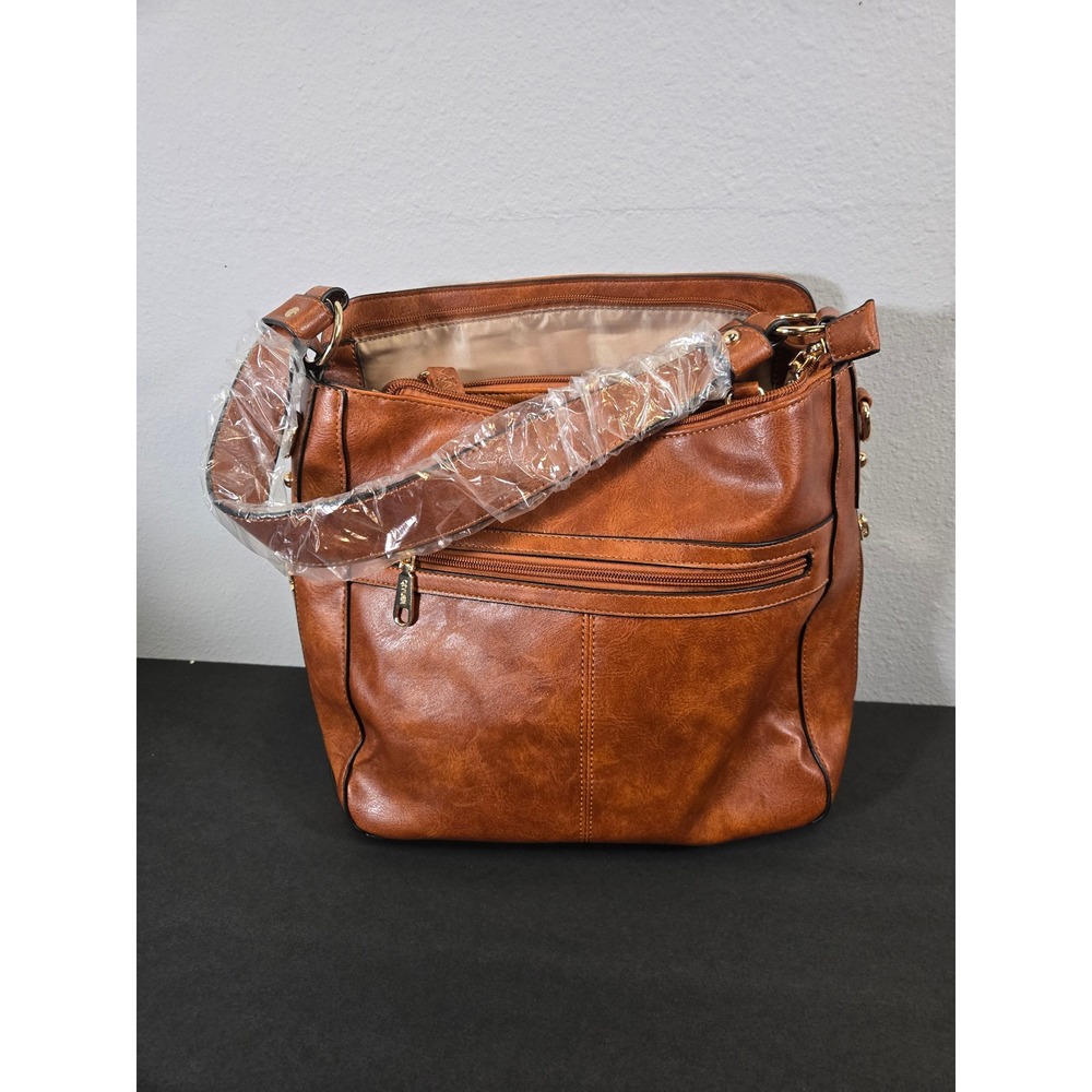QIYUER Cognac Brown Faux Leather 4-Piece Handbag Set Hobo Crossbody Wallet‎ OS